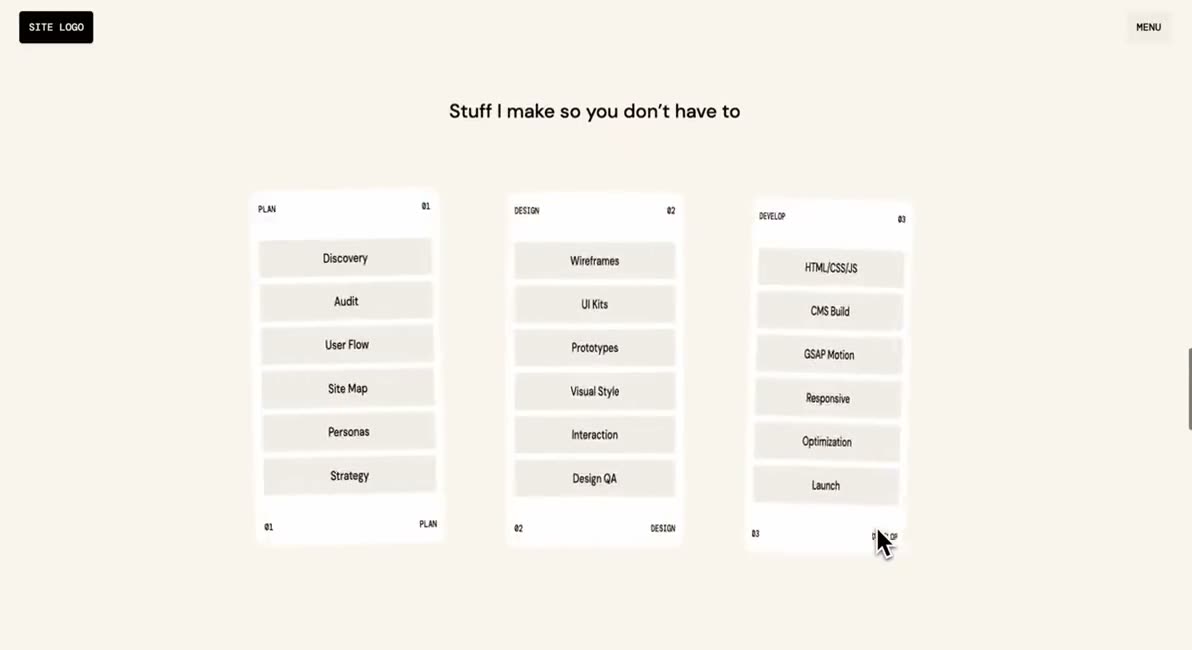 A minimal page whose section transitions reveal a stack of pastel cards fanning apart.
