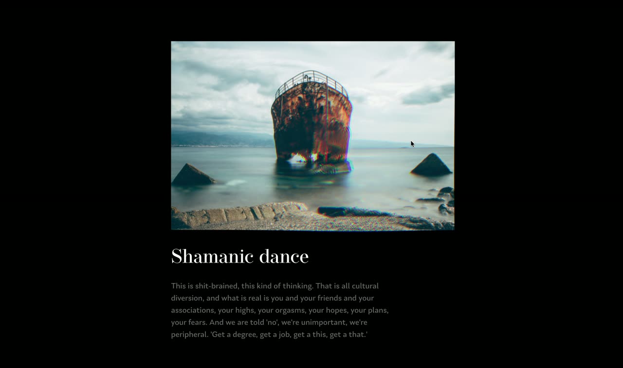 An image card with caption on a dark page that warps and ripples under the cursor.