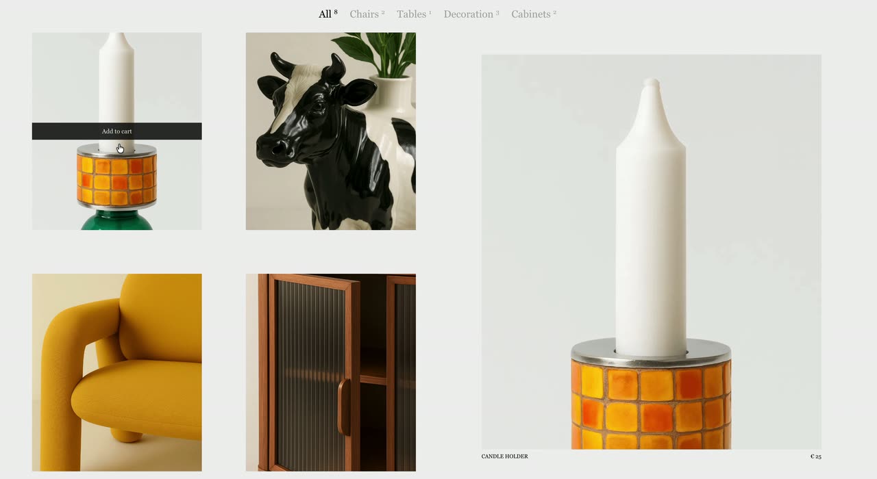 A light grid of furniture and object photos where a clicked item grows into a large framed view.