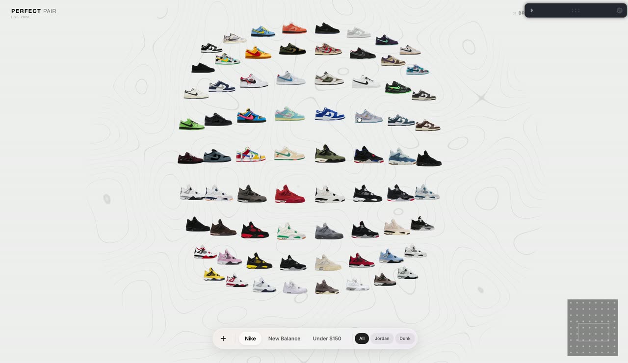 Dozens of sneaker images arranged on a sphere that flattens into a scrollable product grid with a filter bar.