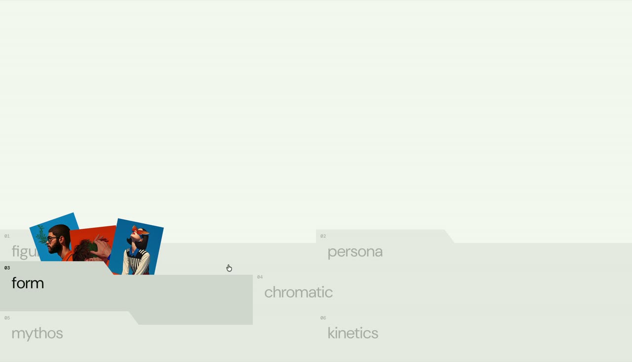 Light grey horizontal strips with small words; the hovered strip turns yellow or grey and images pop up.