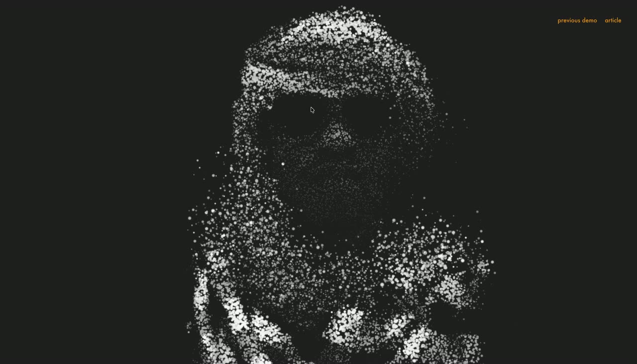 A portrait made of white particles on charcoal dispersing and re-forming.