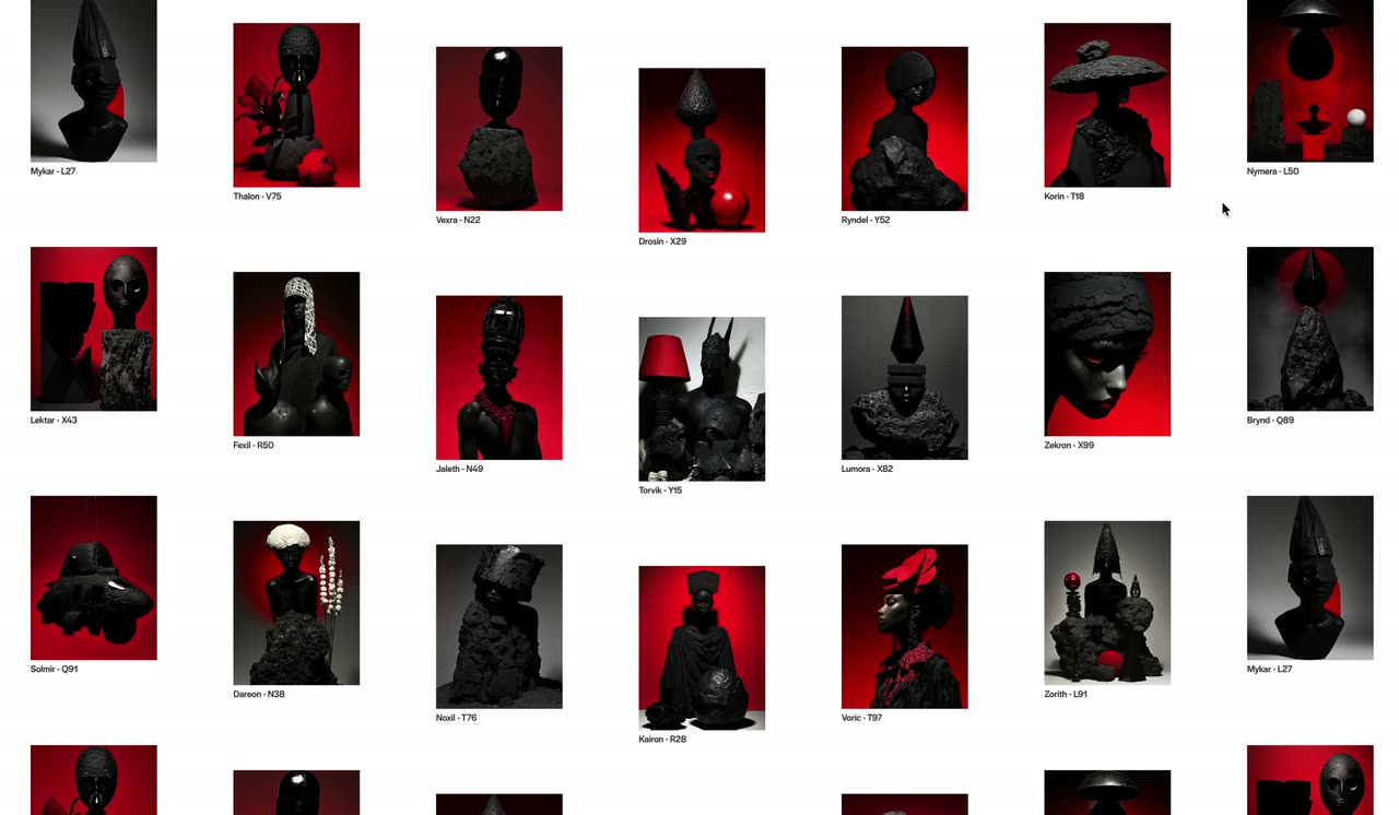 Columns of red and black sculptural photos moving at different speeds and stretching into vertical strips.
