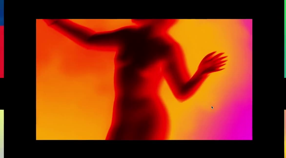 Colorful gradient-toned figure images in a dark grid expanding into a large full-bleed image.