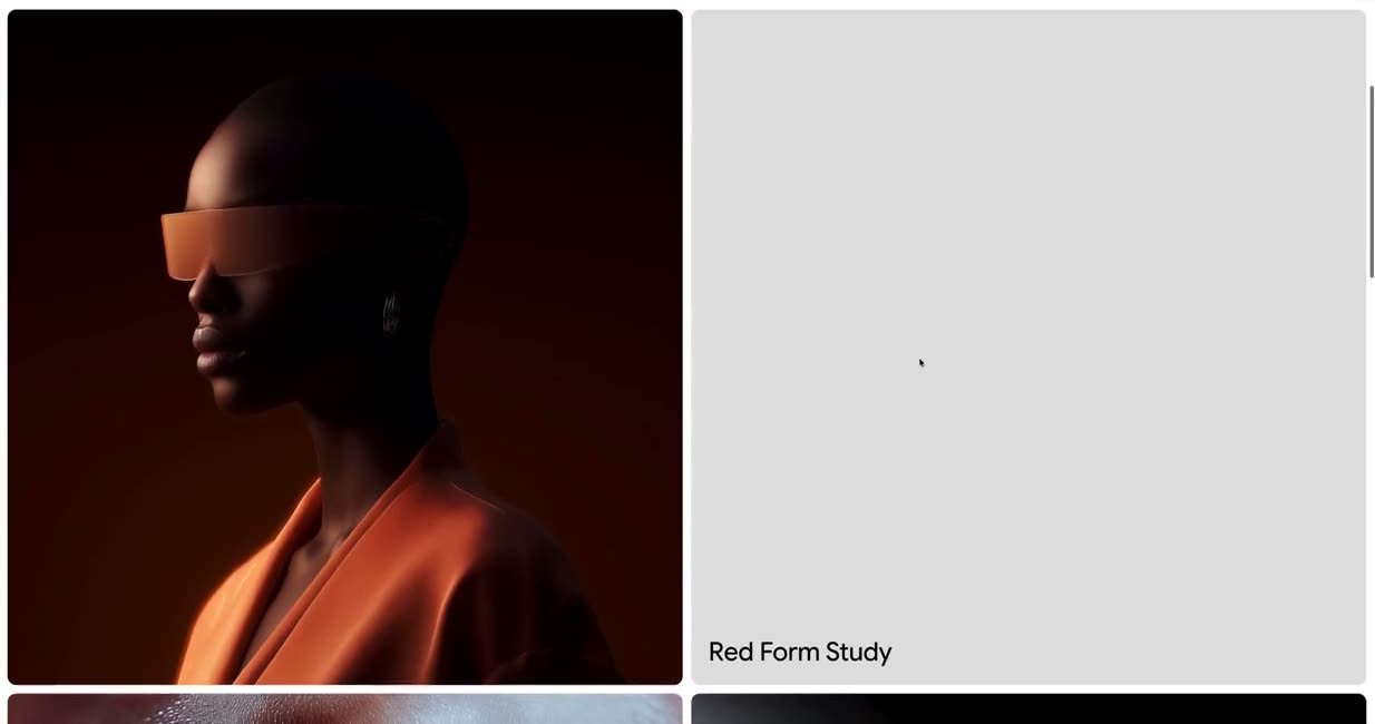 A light grid of fashion and beauty images with captions sliding in through masks.