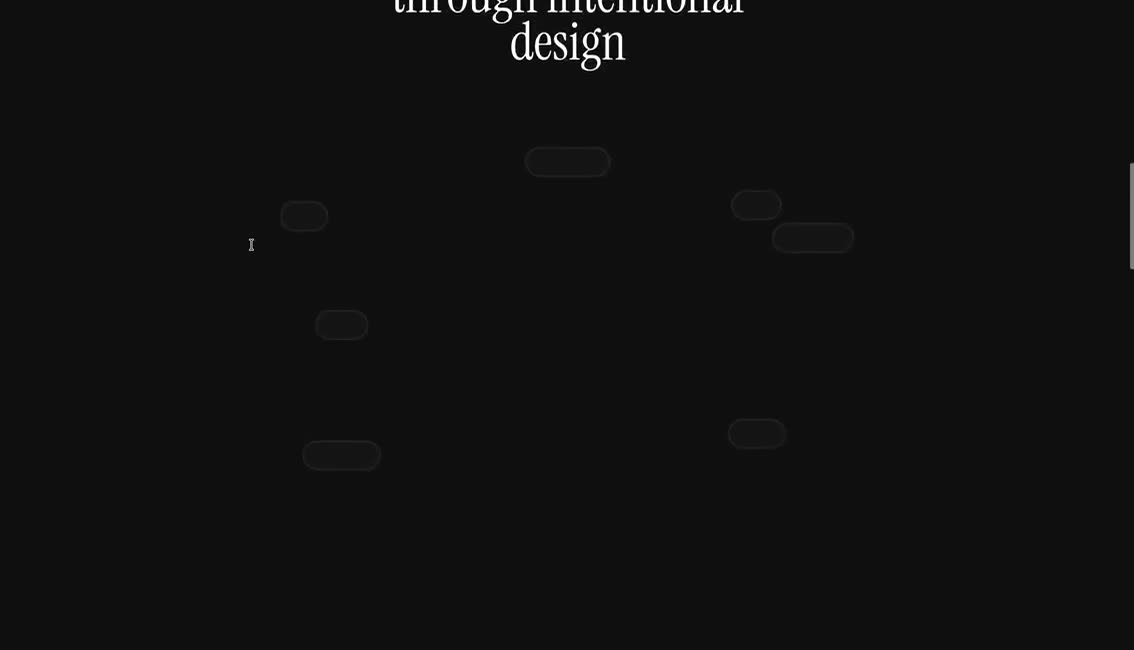 Tiny labels drifting on a dark page, converging toward serif headlines and a search field.