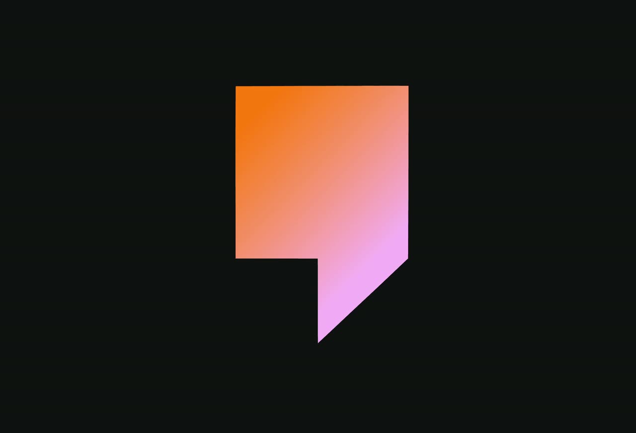 An orange-to-pink shape on black morphing from a speech bubble into a rocket.
