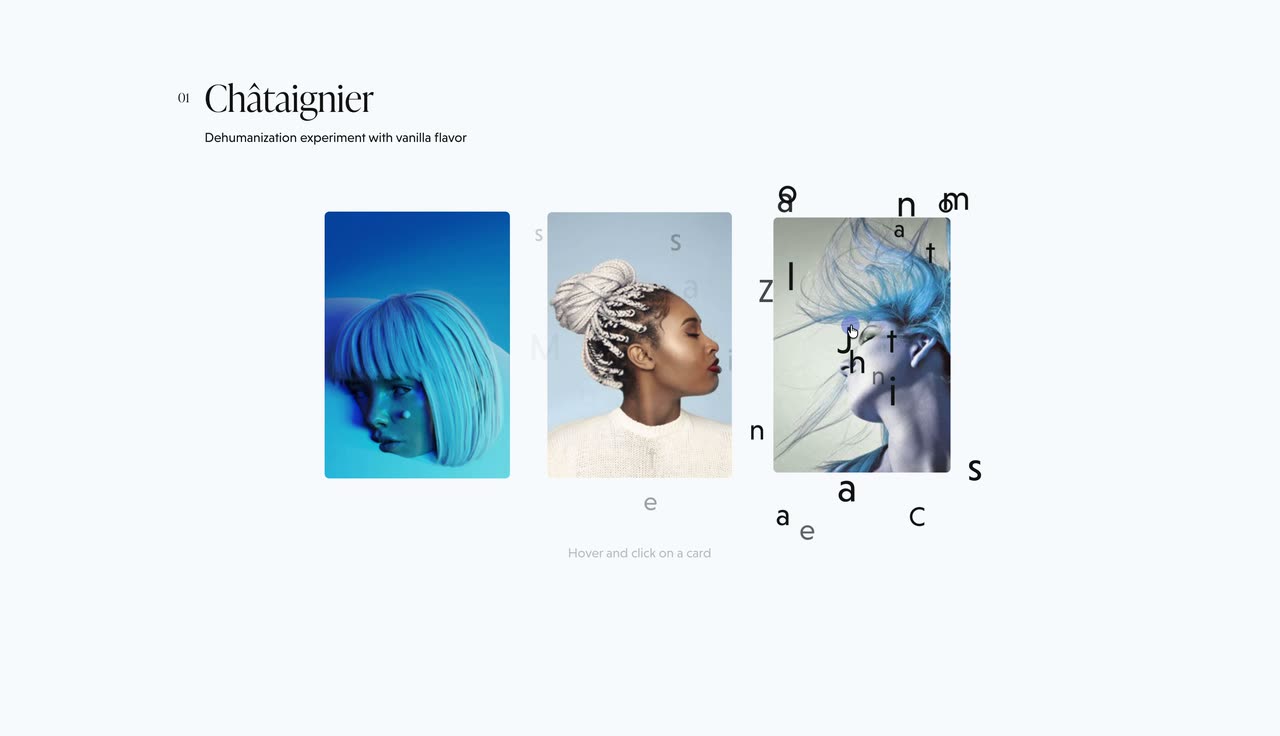 Three portrait cards on white with small letters flying out around the hovered image.