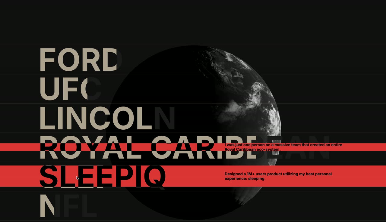 Stacked uppercase names on a dark page with a moon-like globe behind them; hovered rows turn red with a short description.