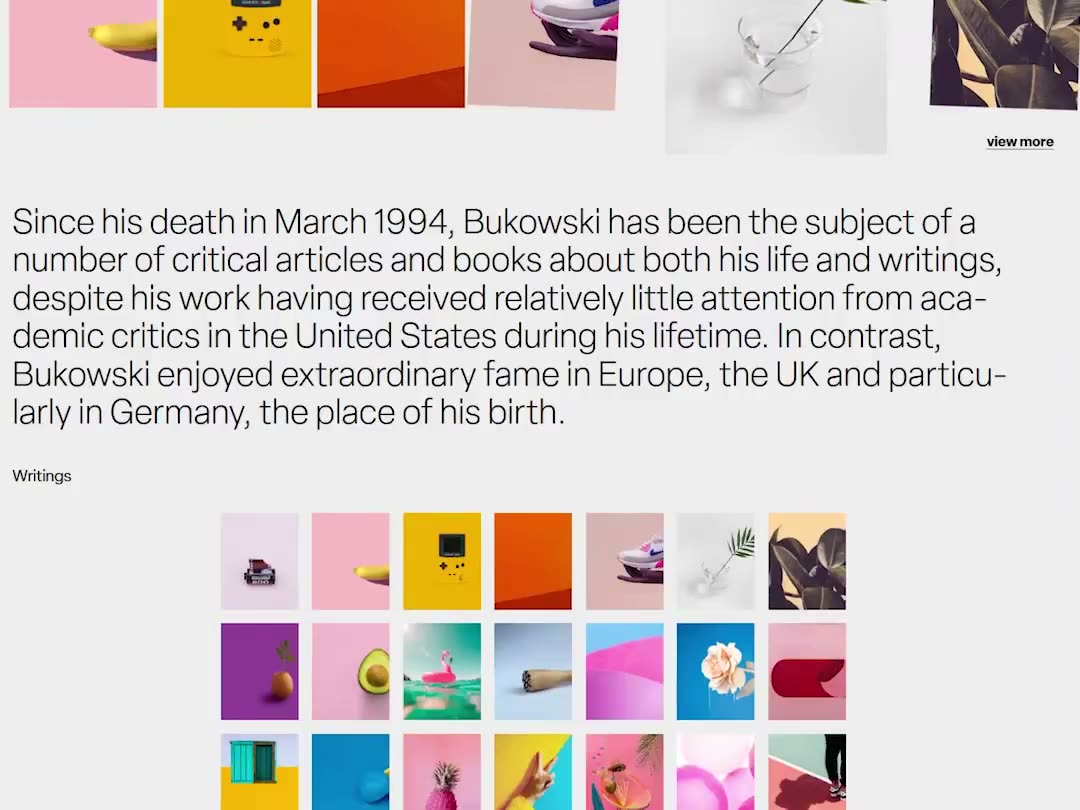 A collage of colorful images beside long-form text; the selected image expands while others shift away.