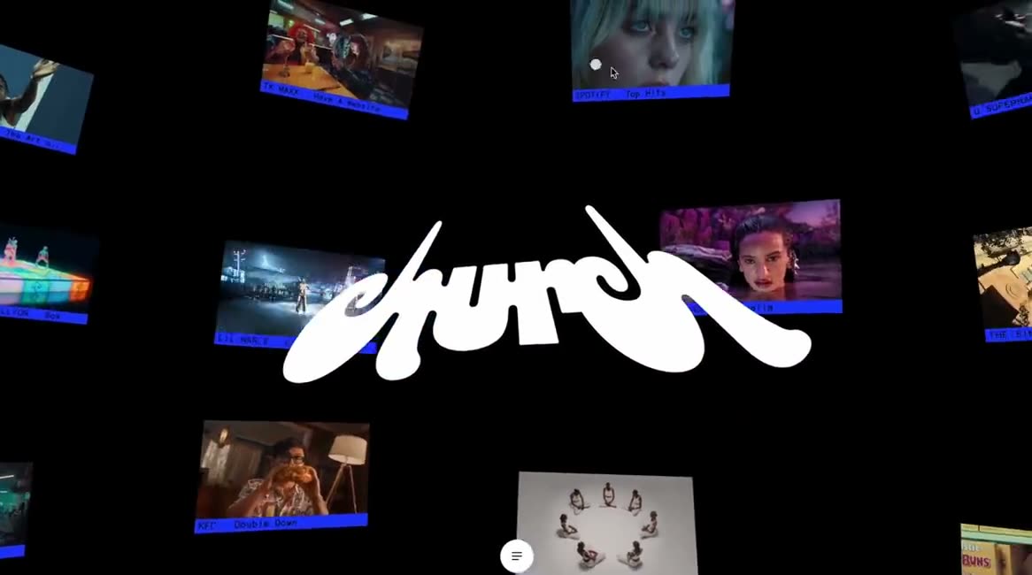 Film stills with blue caption bars floating at angles around a large white script logo on black.