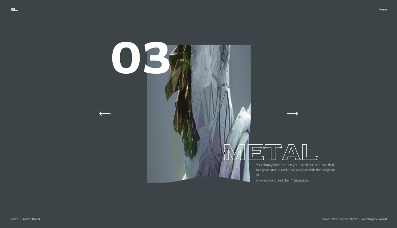 A curved image panel with a large number and outlined title, bending as it changes slides.