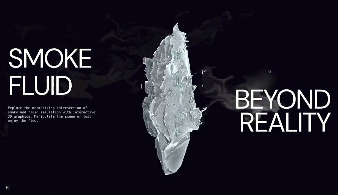 A crumpled metallic object between two headlines while cursor motion pushes smoky fluid across the scene.