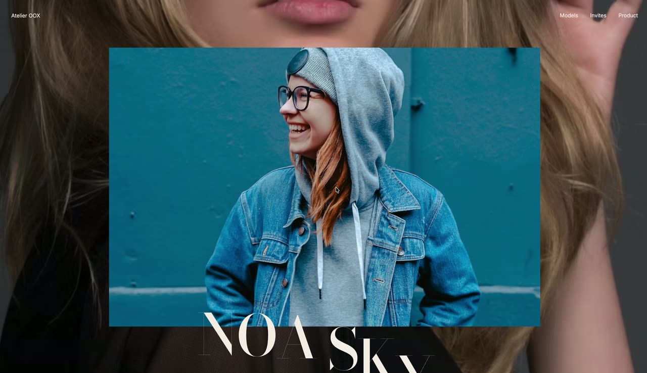 Fashion portraits filling the frame with a big serif name and a small next-slide thumbnail.
