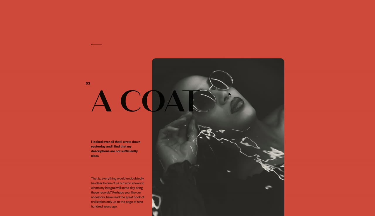 A red page covered in large repeating serif words, then an editorial layout with portraits.
