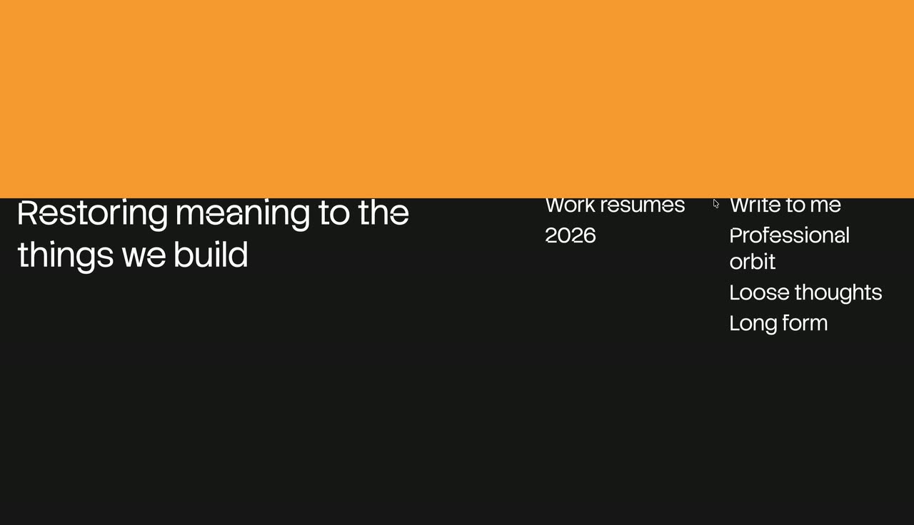 Violet, orange and dark sections sliding up and stacking with small headings and links.