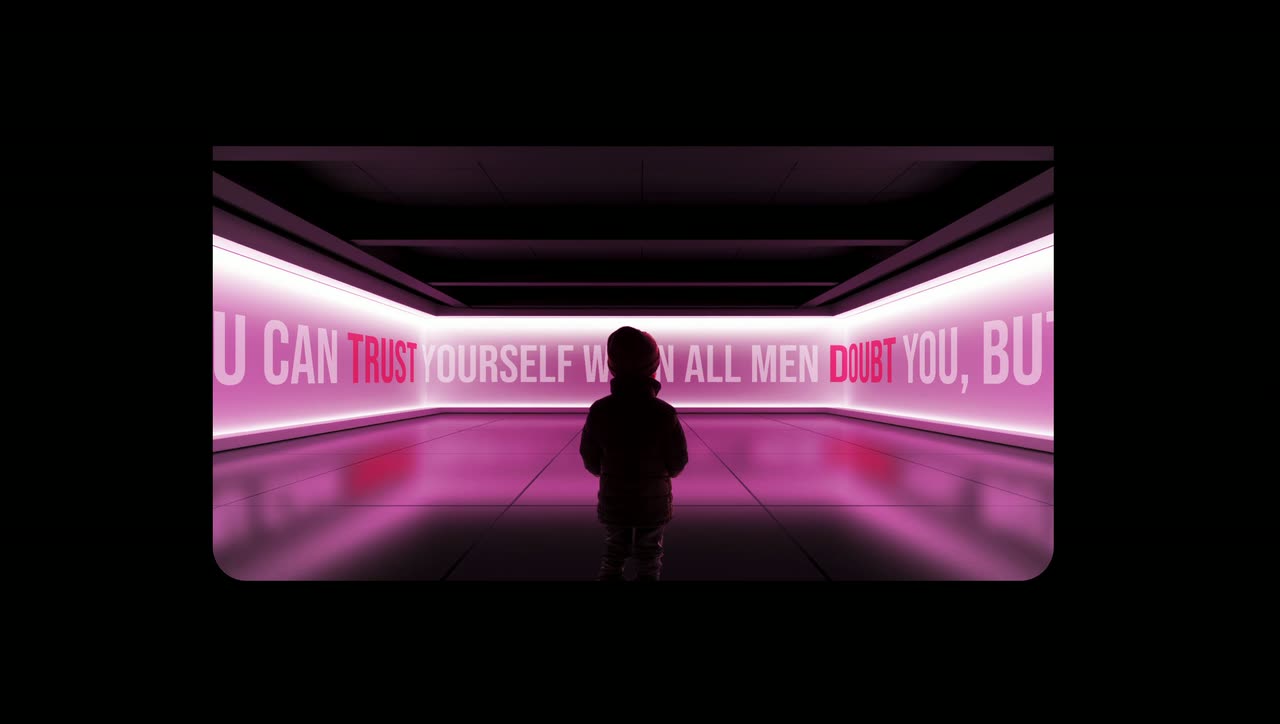A silhouetted figure in a pink-to-blue neon corridor while large words slide along the walls.