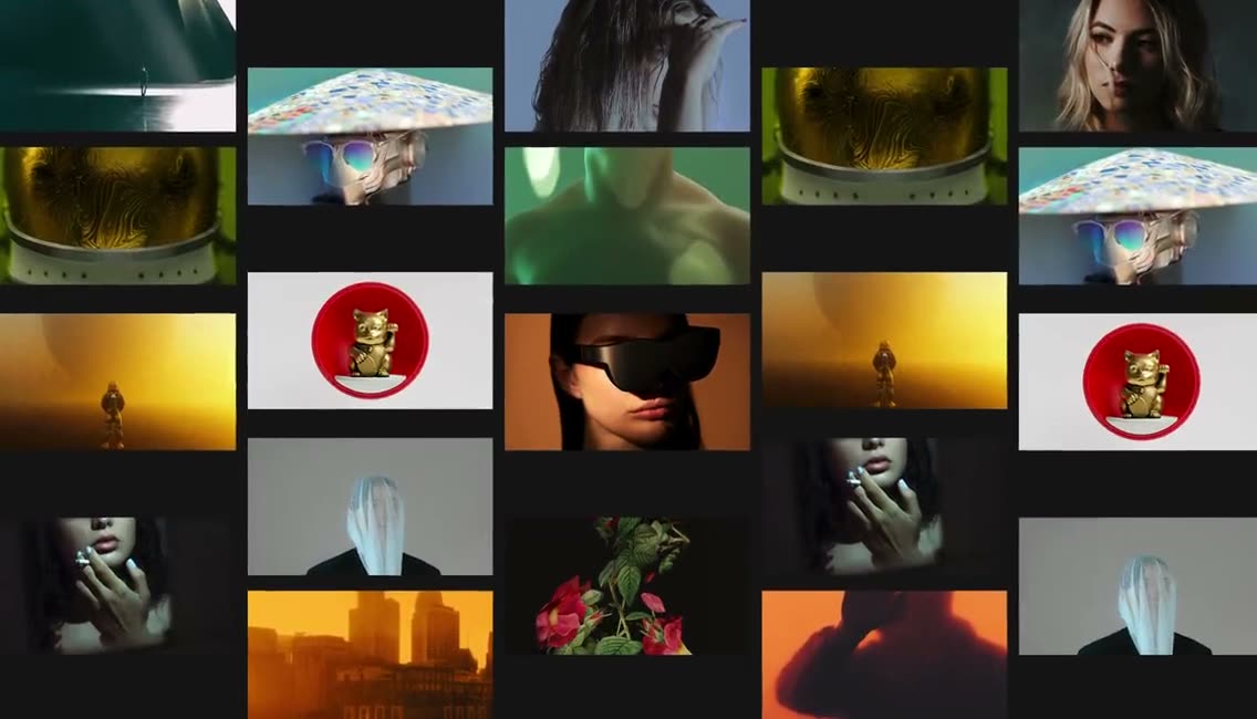A dark grid of varied photos expanding while the camera zooms into one portrait with goggles.