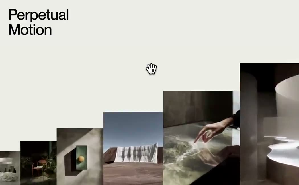 A row of interior and object photos of different heights moving under a two-word title.