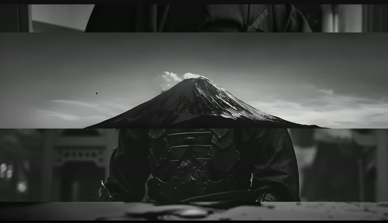Black and white architecture and portrait images revealed in horizontal slices with short Japanese text.