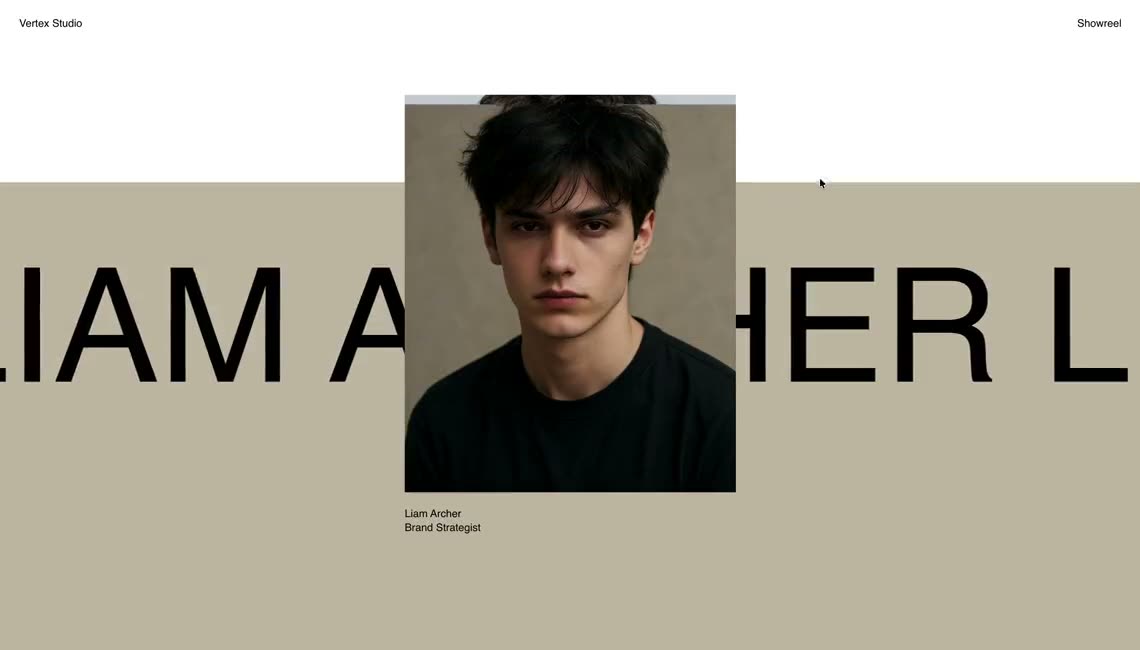 Oversized names sliding horizontally behind portrait cards with role captions.