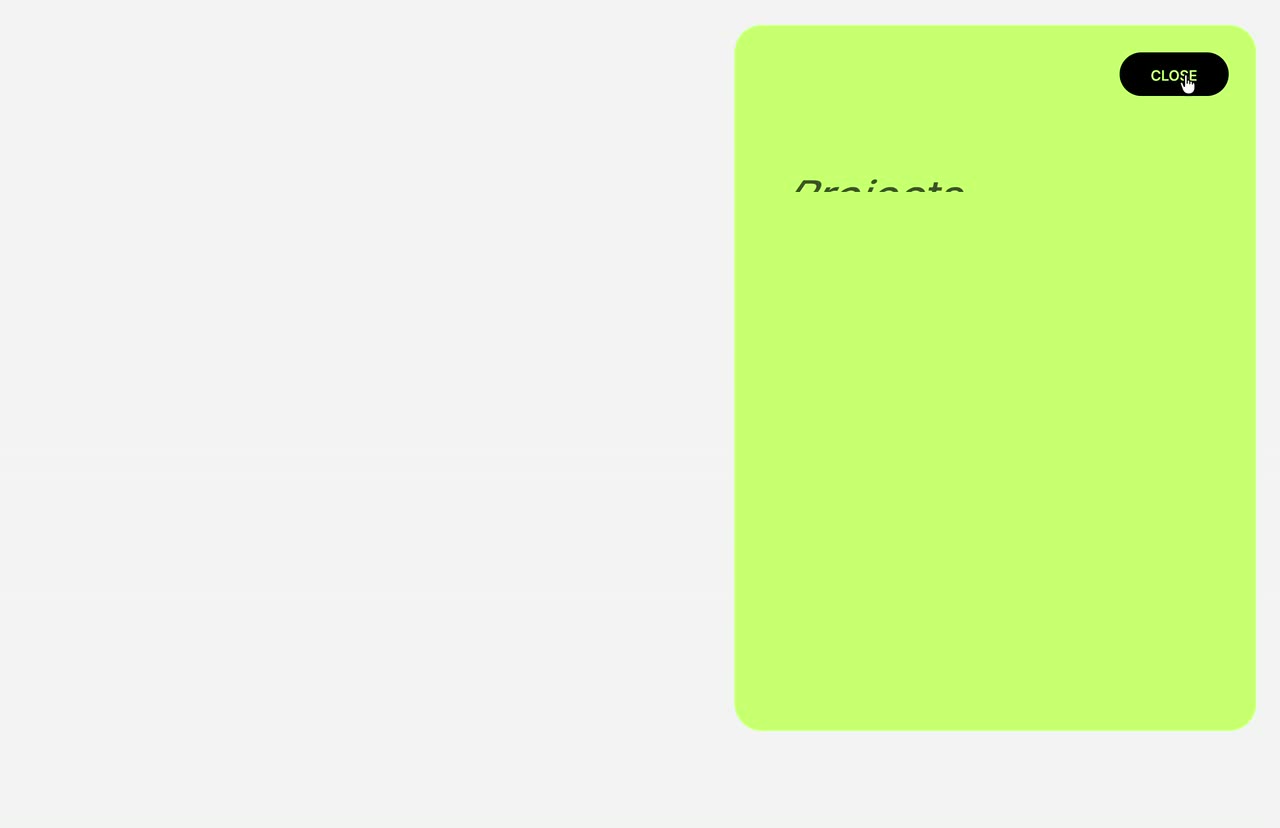 A lime menu pill on light grey expanding into a large lime card with links and social labels.