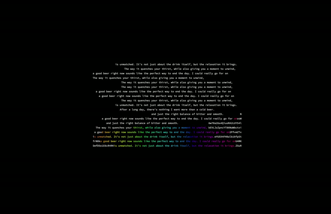 Small colorful lines of text on black falling apart into scattered pieces.