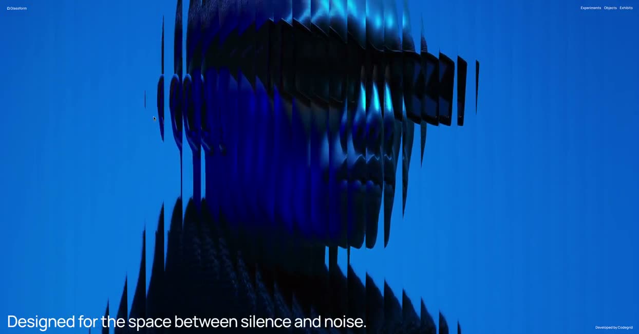 A blue portrait split into vertical refracted strips with a short caption.