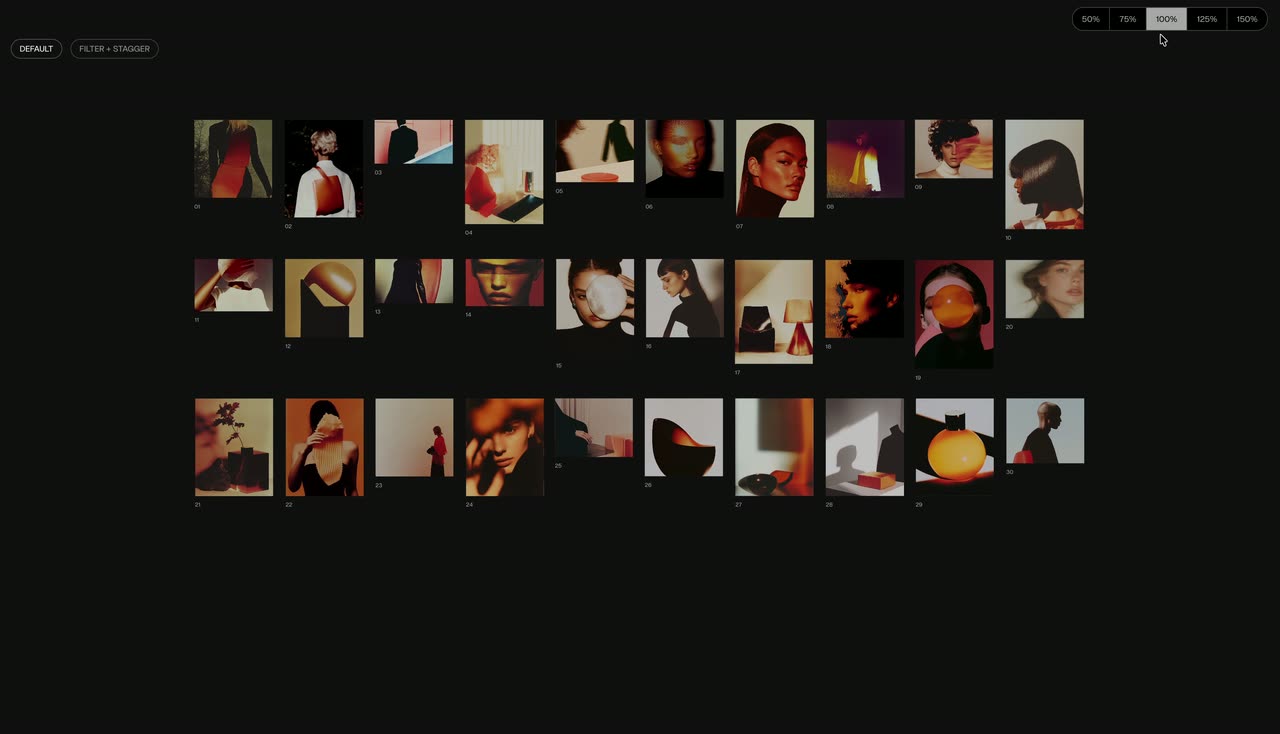 Two rows of small portrait thumbnails growing into a larger gallery grid on a dark page.