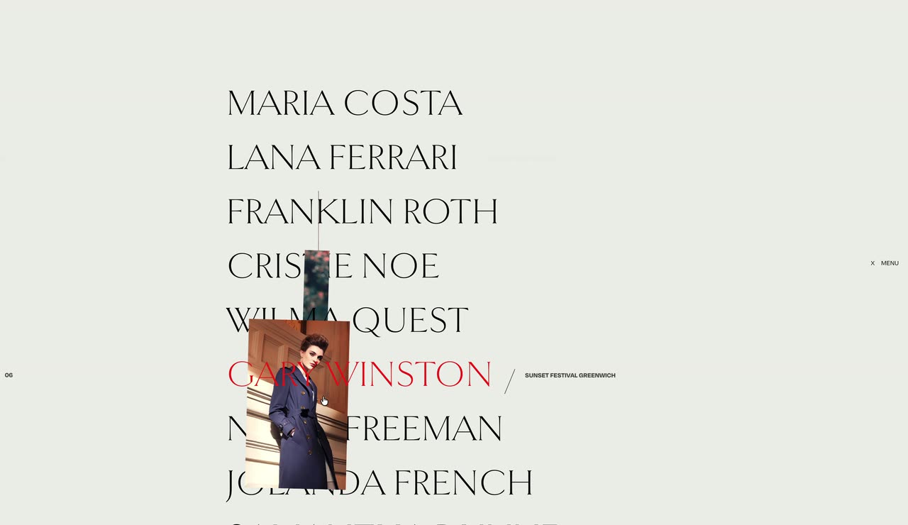 A light list of uppercase names; the hovered name turns red as vertical image slices slide in.