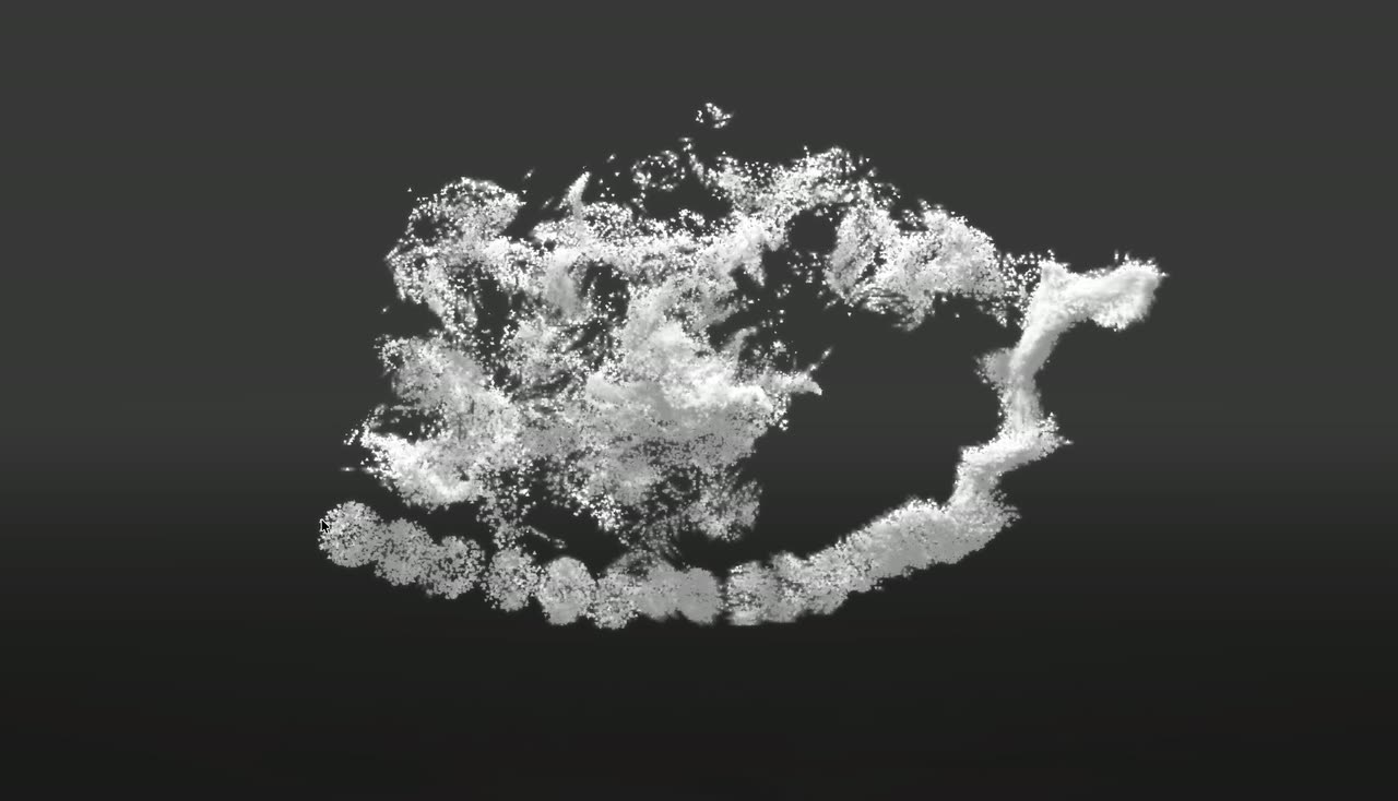 A dense mass of white particles stretching into a flowing cloud on a grey gradient background.