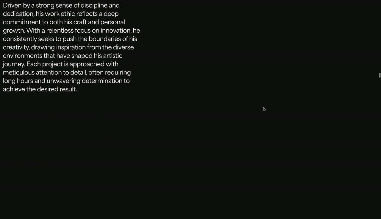 A dark page where moody photos assemble into a dense mosaic and then a large featured image with a title.