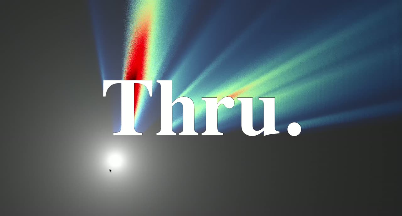 A large serif word on grey with a bright point light casting rainbow-colored rays behind it.