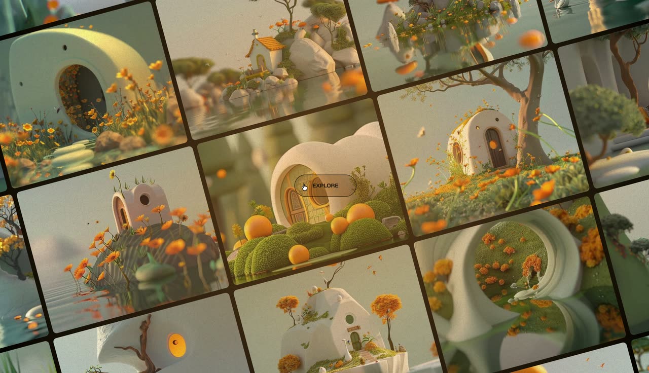 A tilted mosaic of warm 3D-render images zooming into one scene, then a gradient page with a large headline.