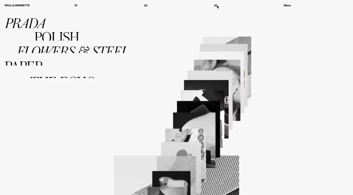 A white page with an italic serif list; images animate from list positions to a scattered collage.