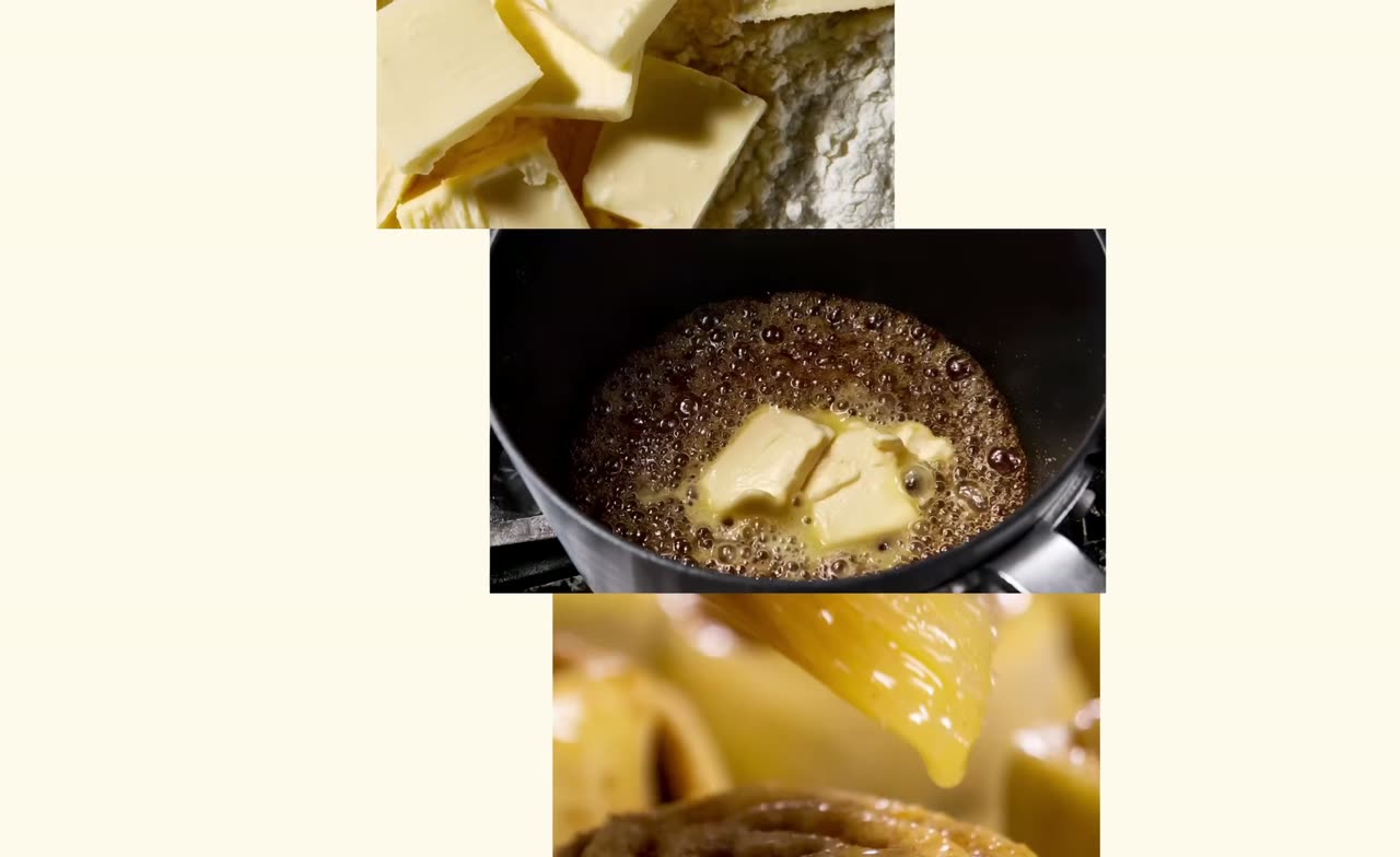 Cream page with food photos tumbling in a diagonal cascade next to serif headings.