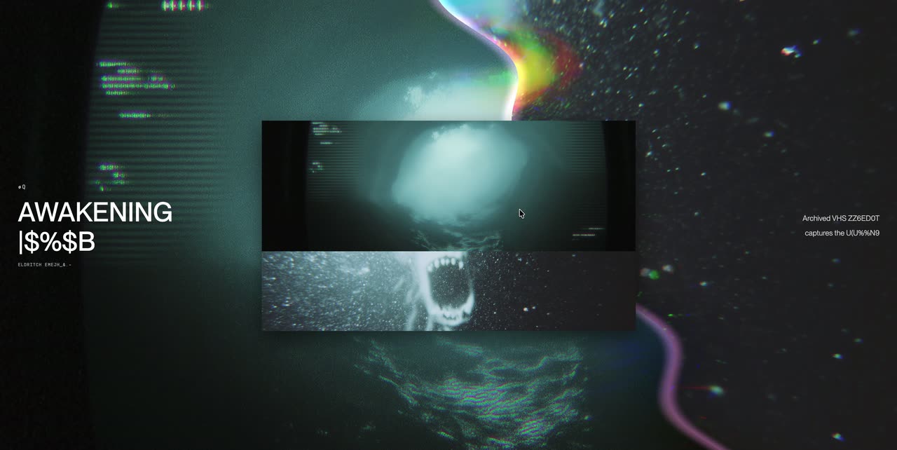 Dark atmospheric project images in a frame with titles that scramble between characters.