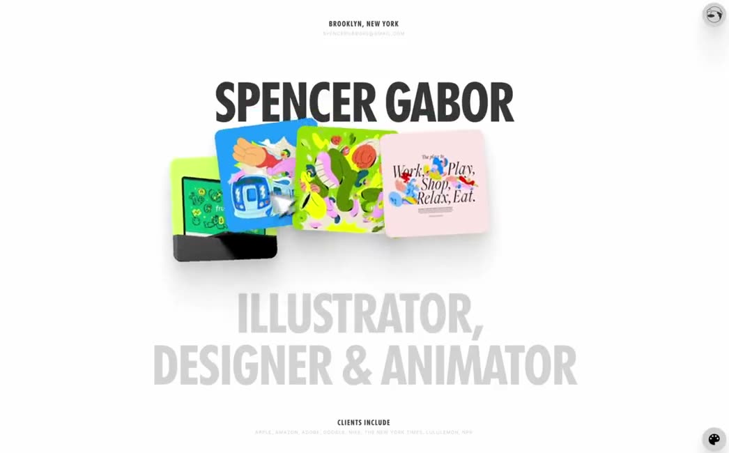 Colorful illustration cards fanned above a name and role title on white, shifting with the cursor.