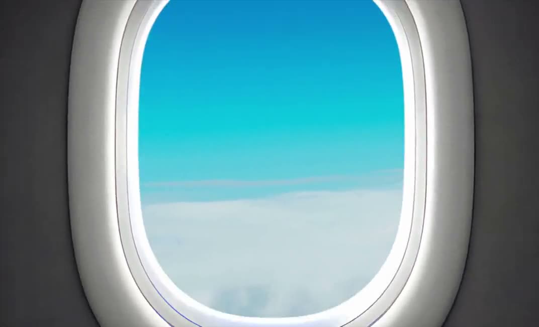 An airplane window on dark grey growing until the sky fills the frame, with serif captions.