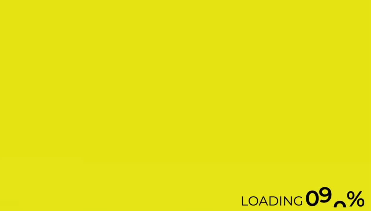 A yellow screen with a rising loading percentage that gives way to a dramatic interior photograph.