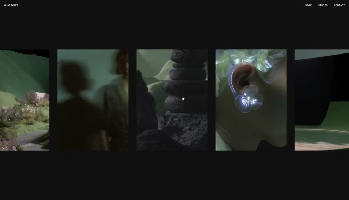 A row of moody image panels on near-black sliding left and right.