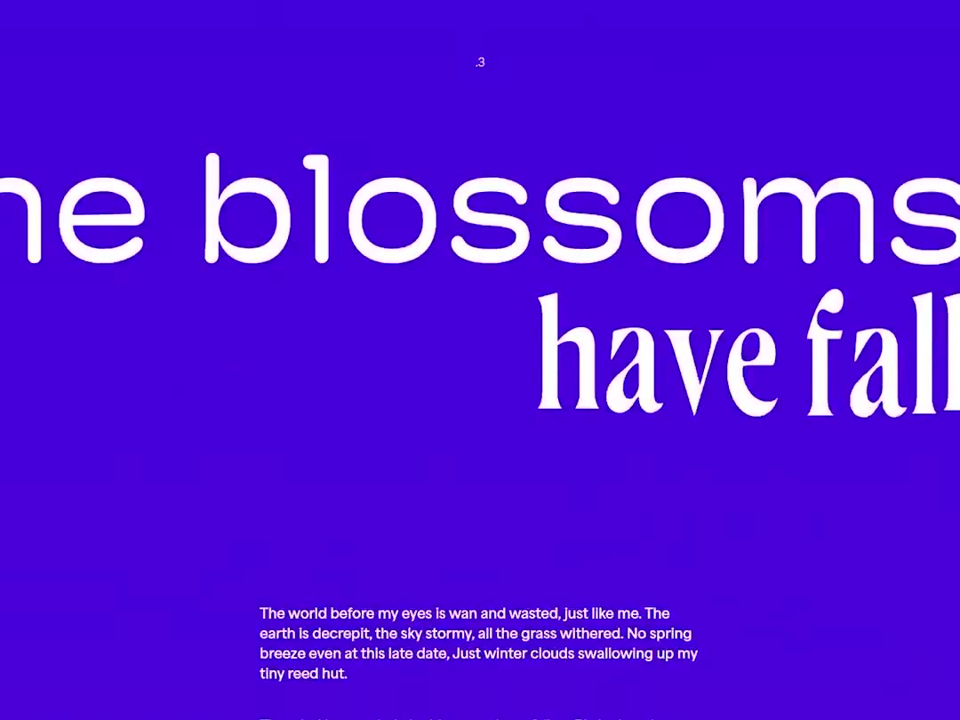 Violet sections with oversized words expanding, spacing out and switching typefaces.
