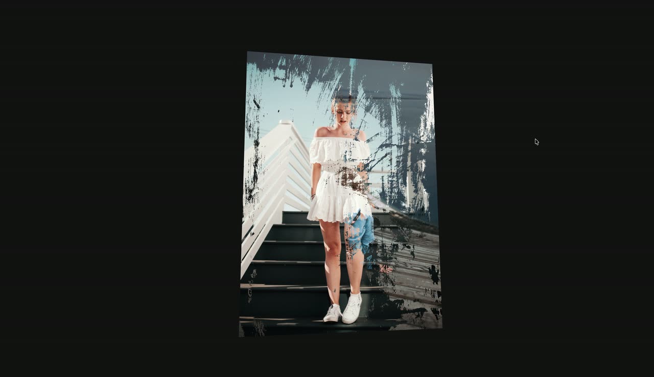 A portrait photo card on dark grey switching to a different photo with a soft distortion.