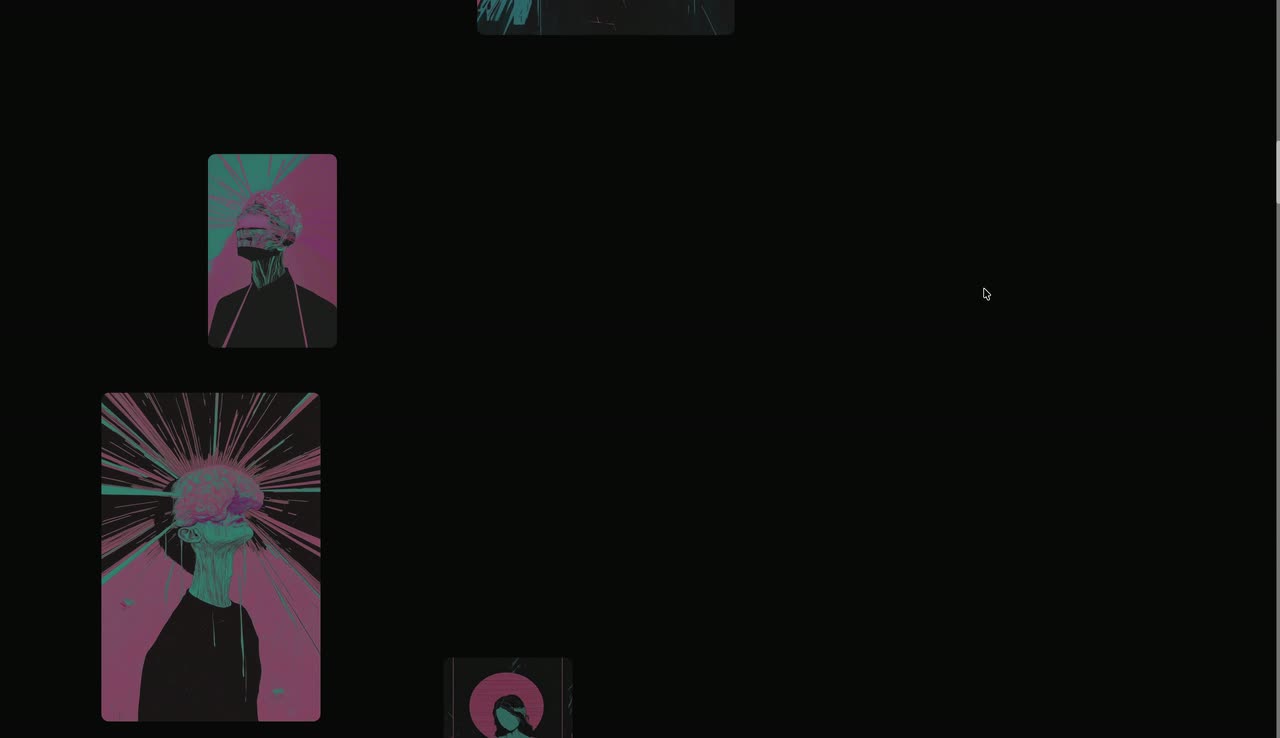 A dark page with illustrated cards and large words warping through SVG filter waves.