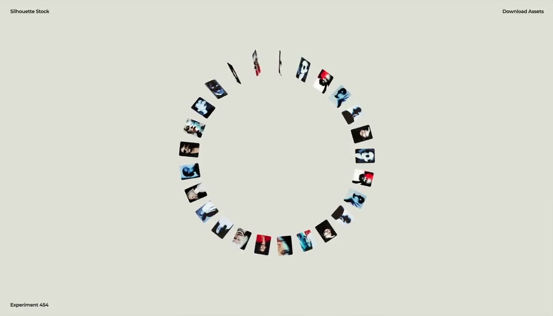Small photo cards arranged in a circle on light grey, expanding into a wide arc of portraits.