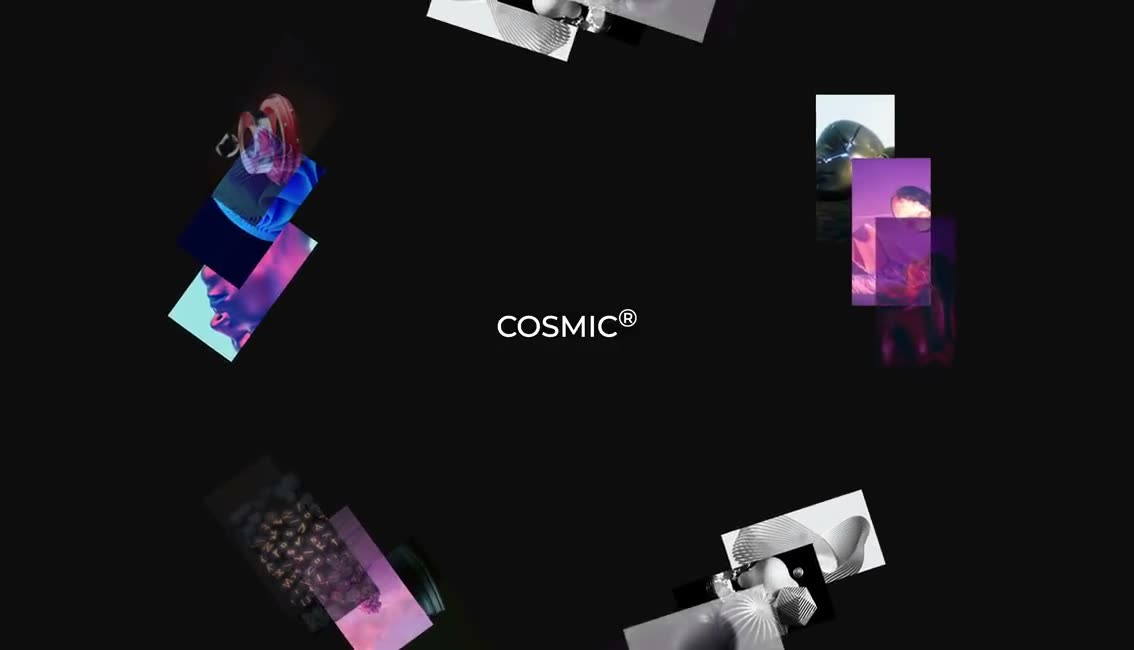 Purple-toned photo cards circling a small centered wordmark on black.