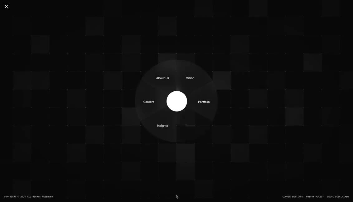 A black screen where a white circle expands into a radial menu of small labels around a center dot.
