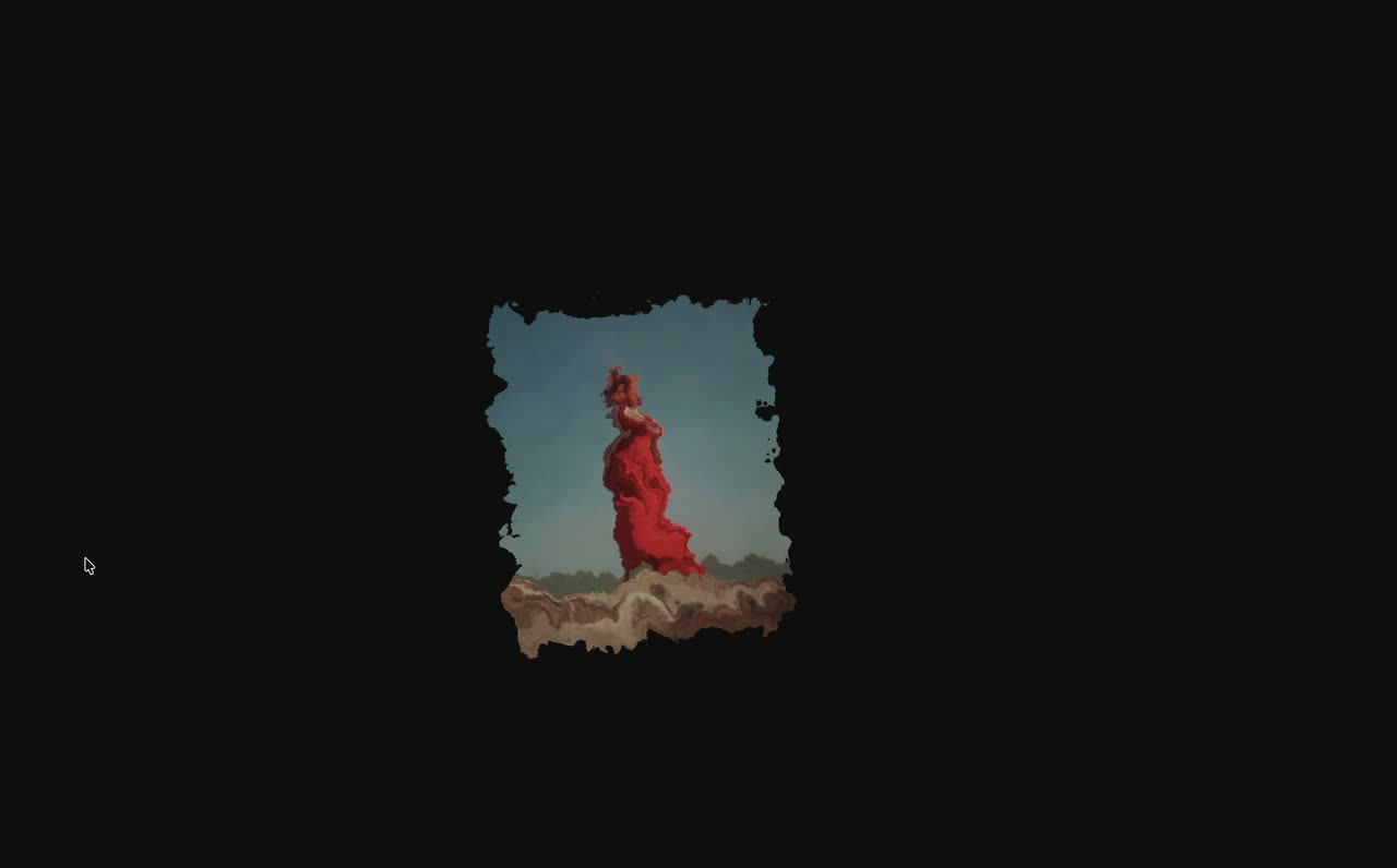 A small photo on black with frayed edges that shift and break apart.