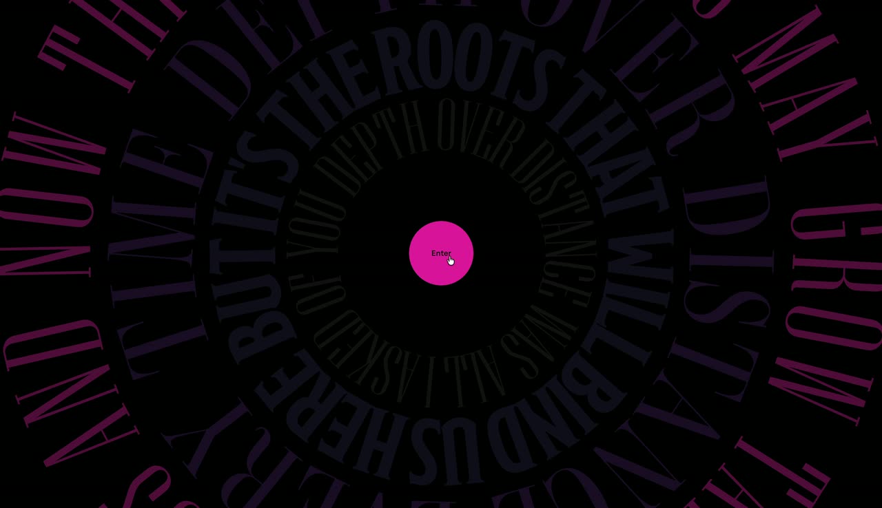 Purple and magenta serif text arranged in rotating circles around a pink circular button on black.