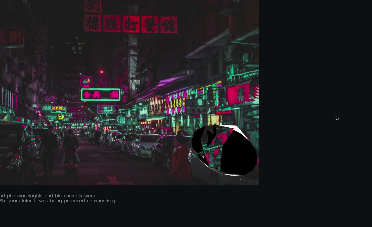 Neon city photos on black with glass prism shapes bending the images as they pass.